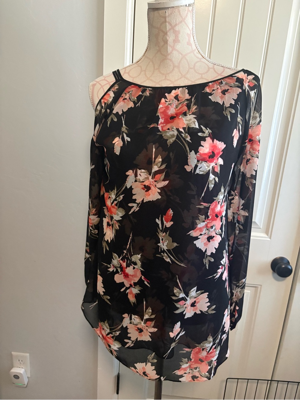 White House Black Market Black Floral One-Shoulder Blouse with Coral Blooms